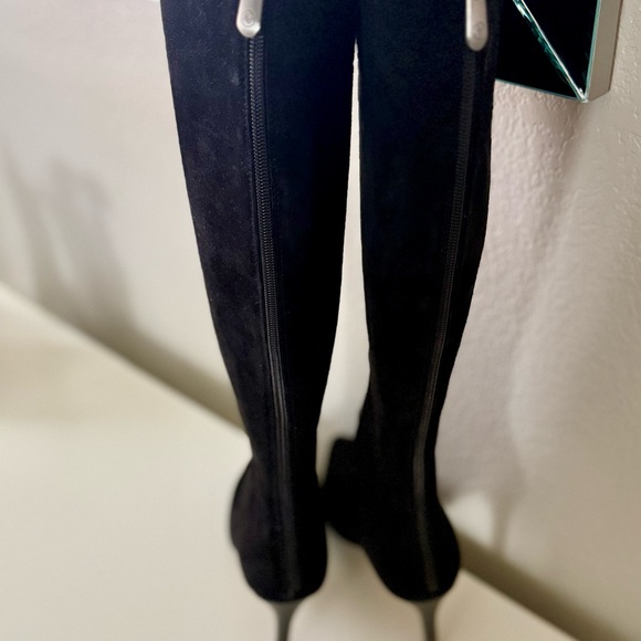 Adrienne Sleek Black Suede Knee High Boots with Leather Trim 3” heels - Picture 5 of 6